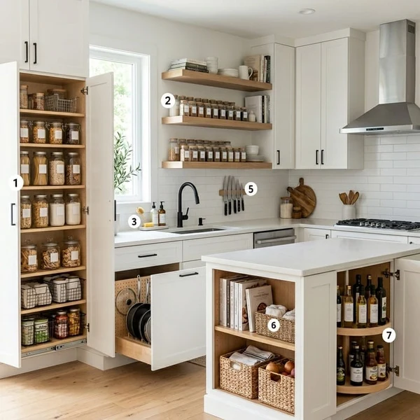 White kitchen with organized cabinets, open shelves, and island storage