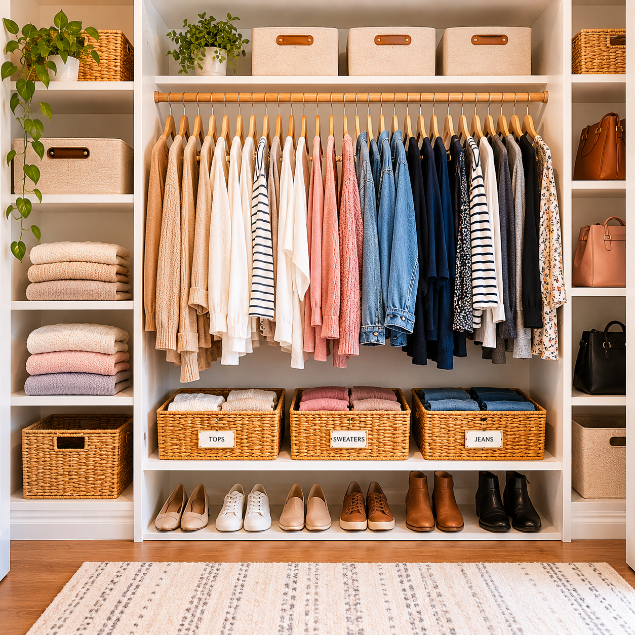 AI-generated illustration of a closet with hanging clothes, folded garments, baskets, and shoes